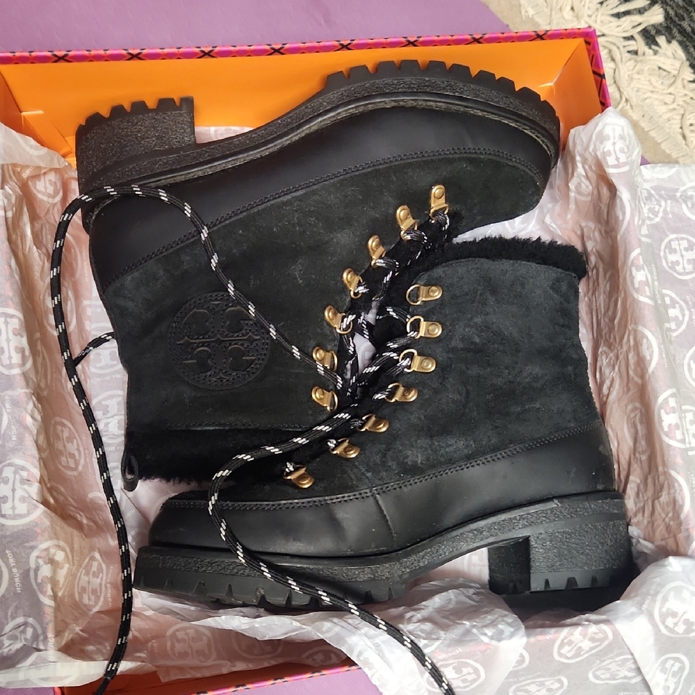 Tory Burch Black Lace Up Shearling Boots with Gold Accents